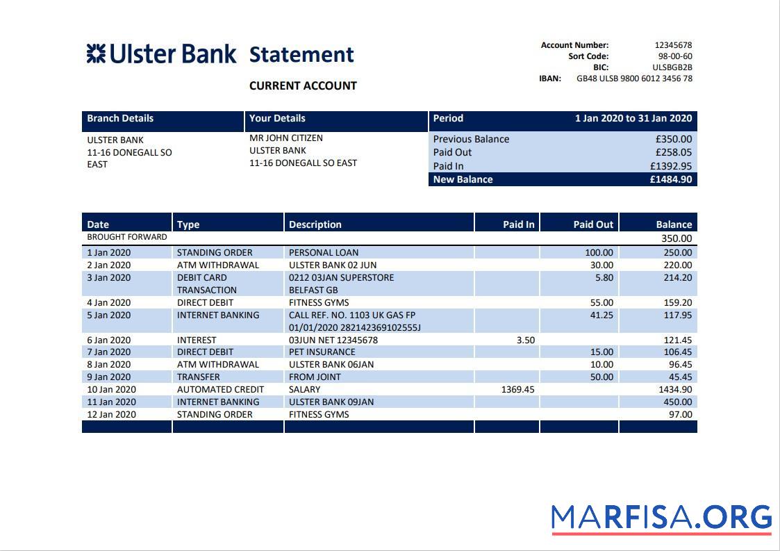 Downloadable Republic of Ireland Ulster bank statement word example